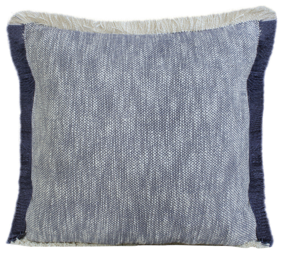 Two-Tone Cotton Throw Pillow with Fringe, Navy Blue, 20" X 20"