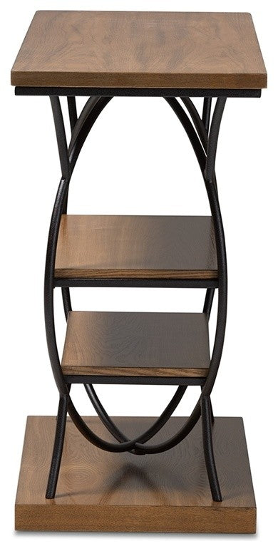Vintage Walnut Brown Wood & Dark Bronze Finished Metal Circular Console Table