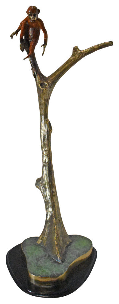 Colored Monkey Resting on a Tree Bronze Statue - Size: 12"L x 13"W x 27"H.