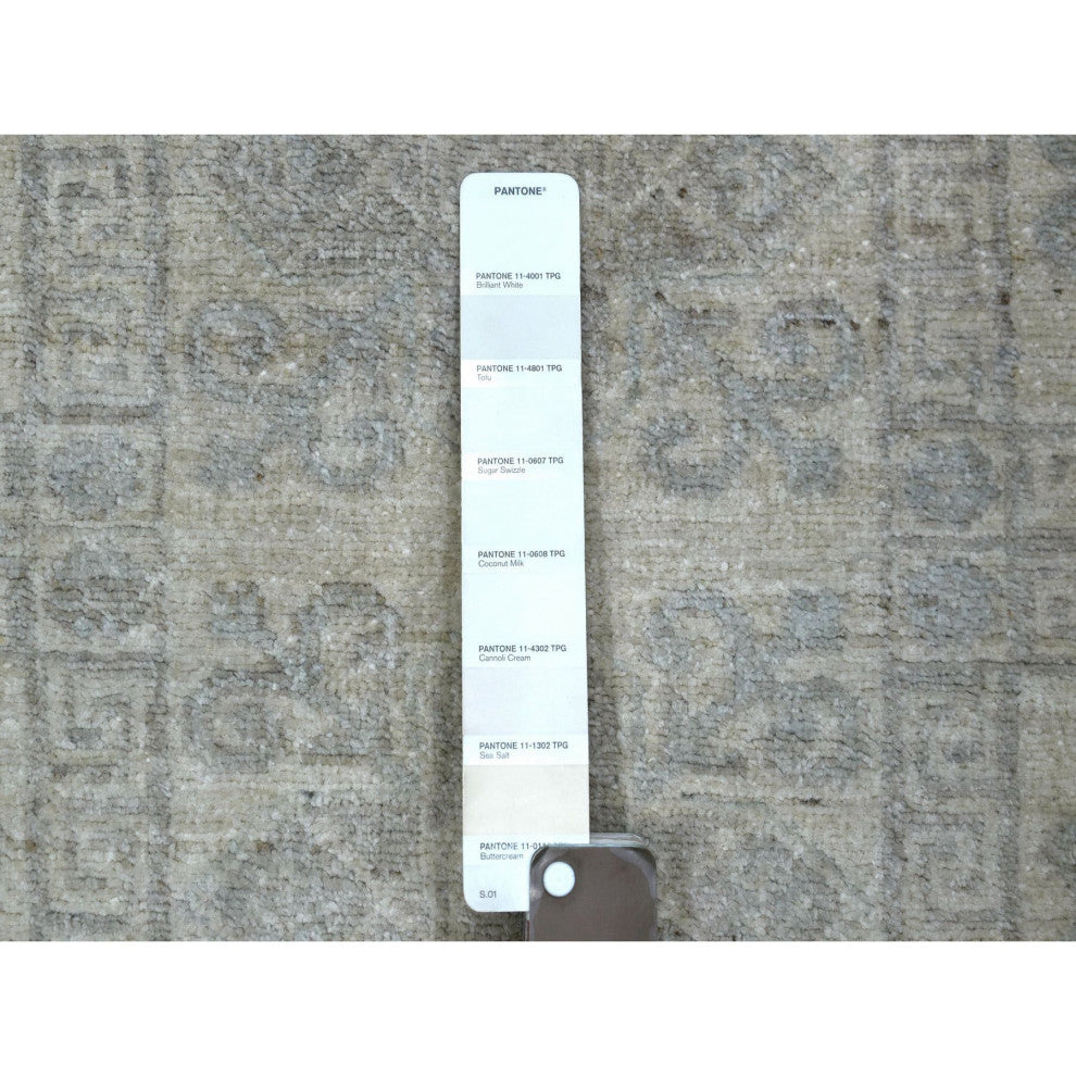 Ivory, White Wash Peshawar with Motifs, Soft Wool Hand Knotted Rug, 4'1" x 5'9"