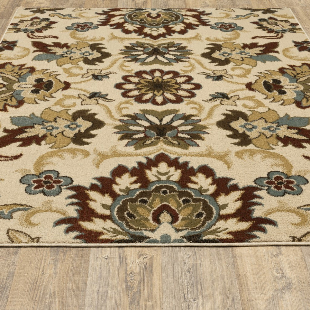 5??7??Ivory And Red Floral Vines Area Rug