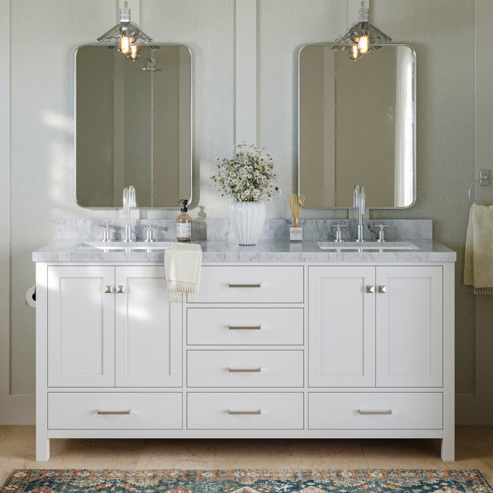 ARIEL Cambridge 73" Double Rectangle Sink Bathroom Vanity White With Marble Top