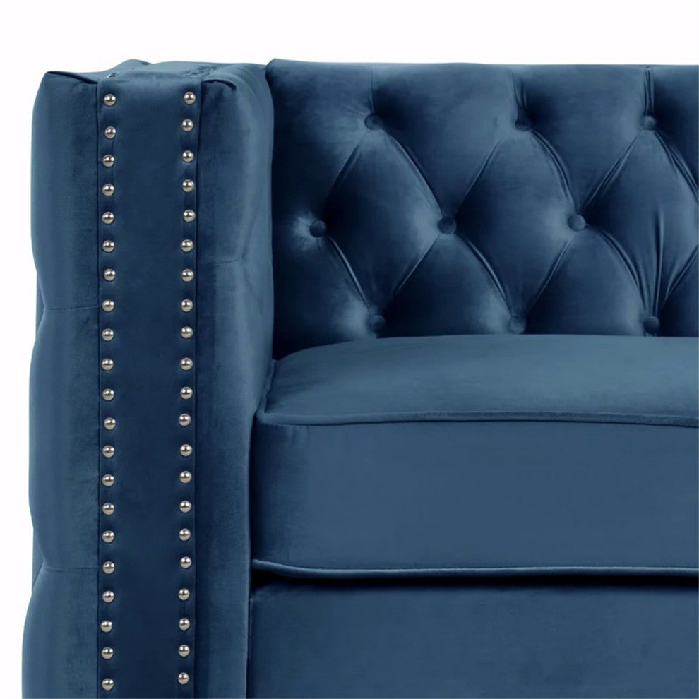 Rebekah 3 Piece Velvet Living Room Set, Gery, Navy Blue, 19''Hx70''Wx24'' D