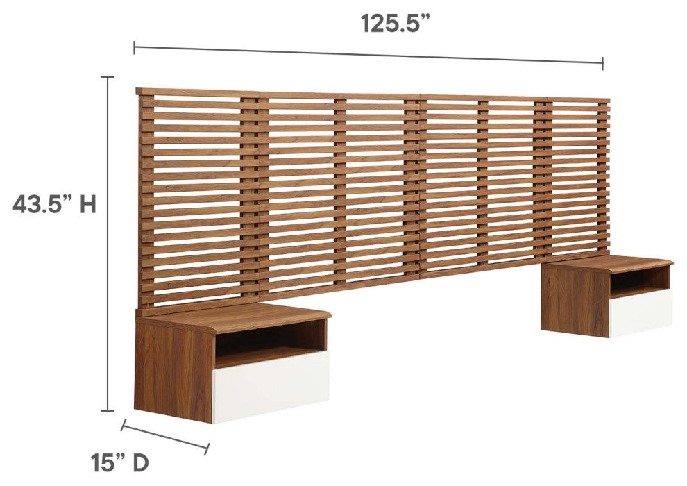 Render Wall Mount King Headboard and Modern Nightstands, Walnut