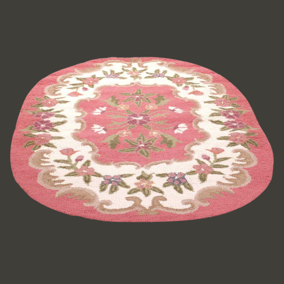 Oval Area Rug 6' x 4' Pink Wool Floral Design for Living Room Renovators Supply