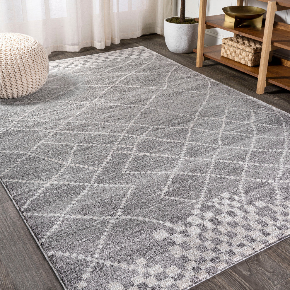 Asilah Moroccan Modern Diamond Runner Rug, Gray, 5'x8'