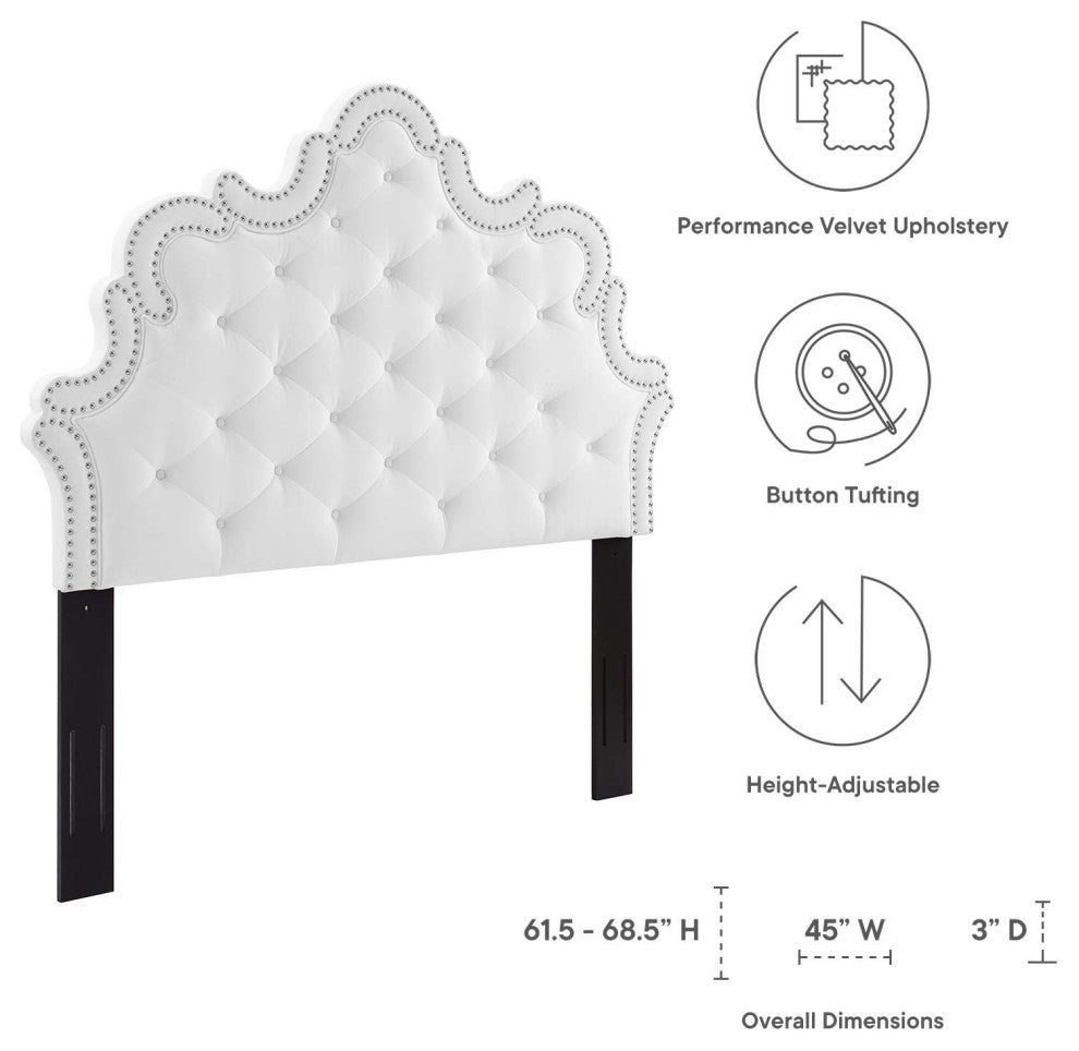 Tufted Headboard, Nailhead, Twin Size, White, Velvet, Modern, Mid Century Guest