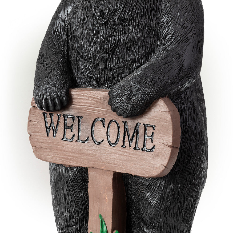 36" Tall Outdoor Standing Black Bear with Welcome Sign Yard Statue Decoration