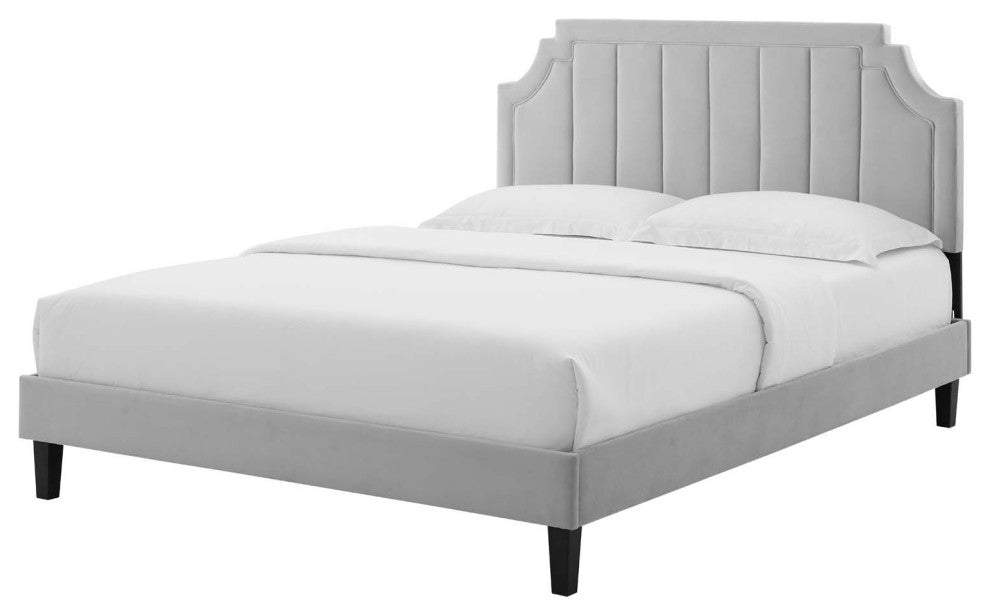Platform Bed Frame, Full Size, Velvet, Light Grey Gray, Modern Contemporary