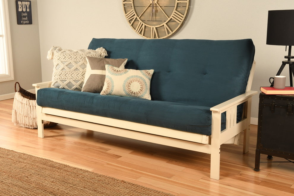 Caleb Frame Futon With Antique White Finish, Suede Blue