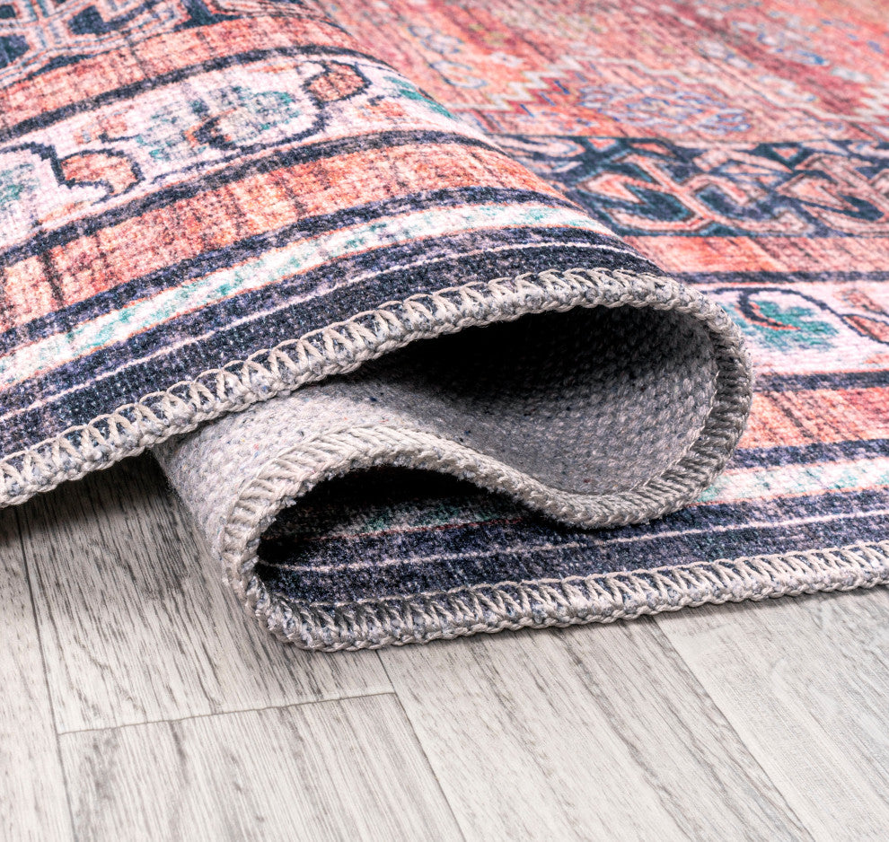 Dalyan Geometric Medallions Machine Washable Indoor Area Rug, Terra/Navy, 4 X 6