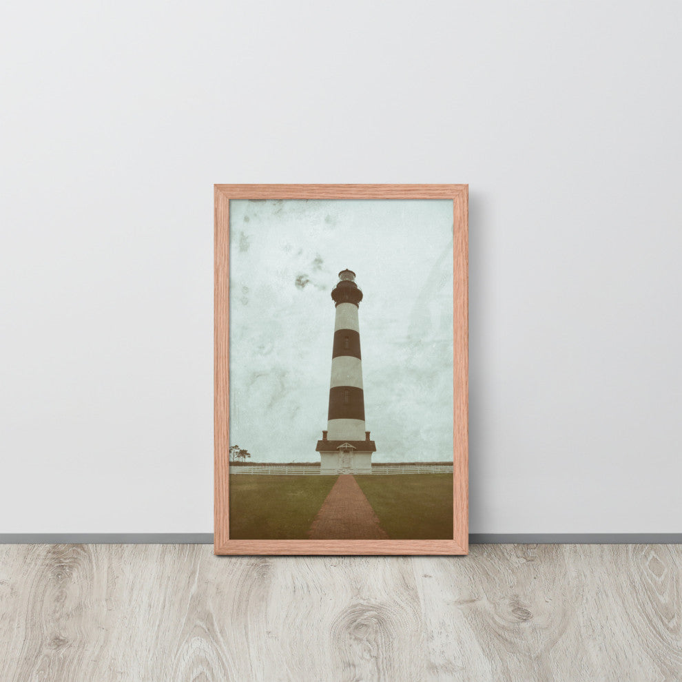 Aged Bodie Lighthouse Landscape Framed Photo Paper Wall Art Prints, Red Oak, 12" X 18"