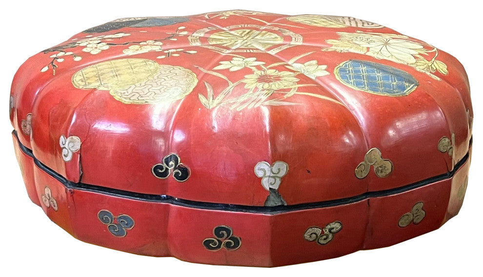 Vintage Distressed Pink Red Lacquer Round Box, Porcelain Plates, Hws2253