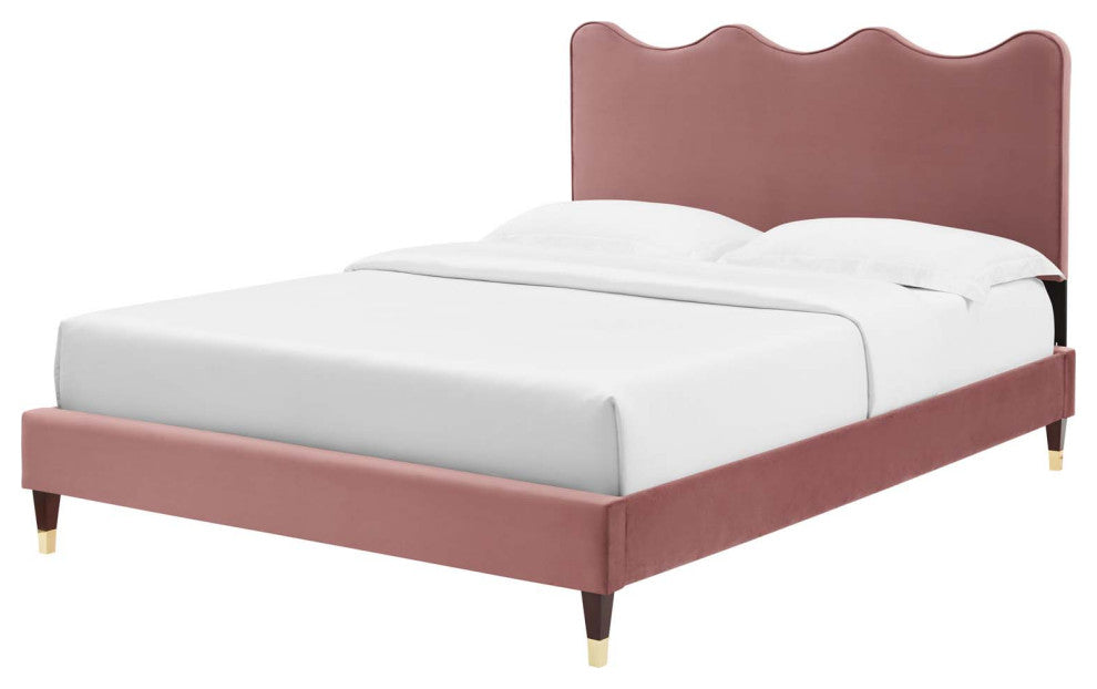 Platform Bed Frame, King Size, Pink, Velvet, Modern, Bedroom Master Guest Suite