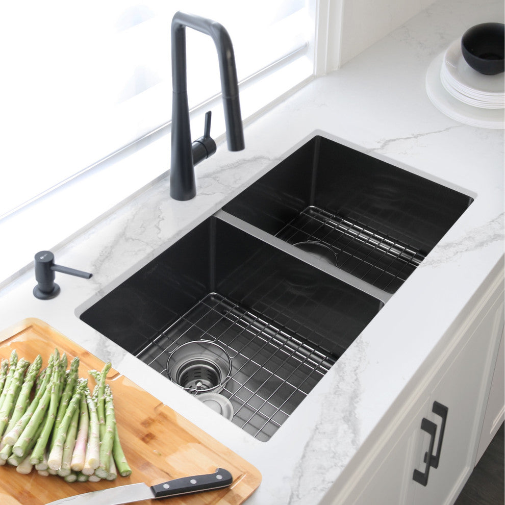 STYLISH 32in Graphite Black Double Bowl Undermount Stainless Steel Kitchen Sink