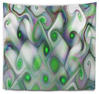 White Green Pattern with Swirls Abstract Wall Tapestry, 92"x78"