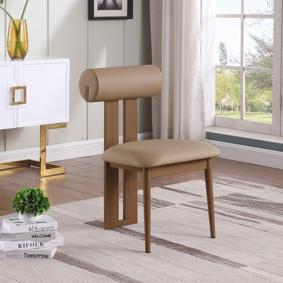 Dario Upholstered Dining Chair, Set of 2, Tan, Vegan Leather, Walnut Wood Look