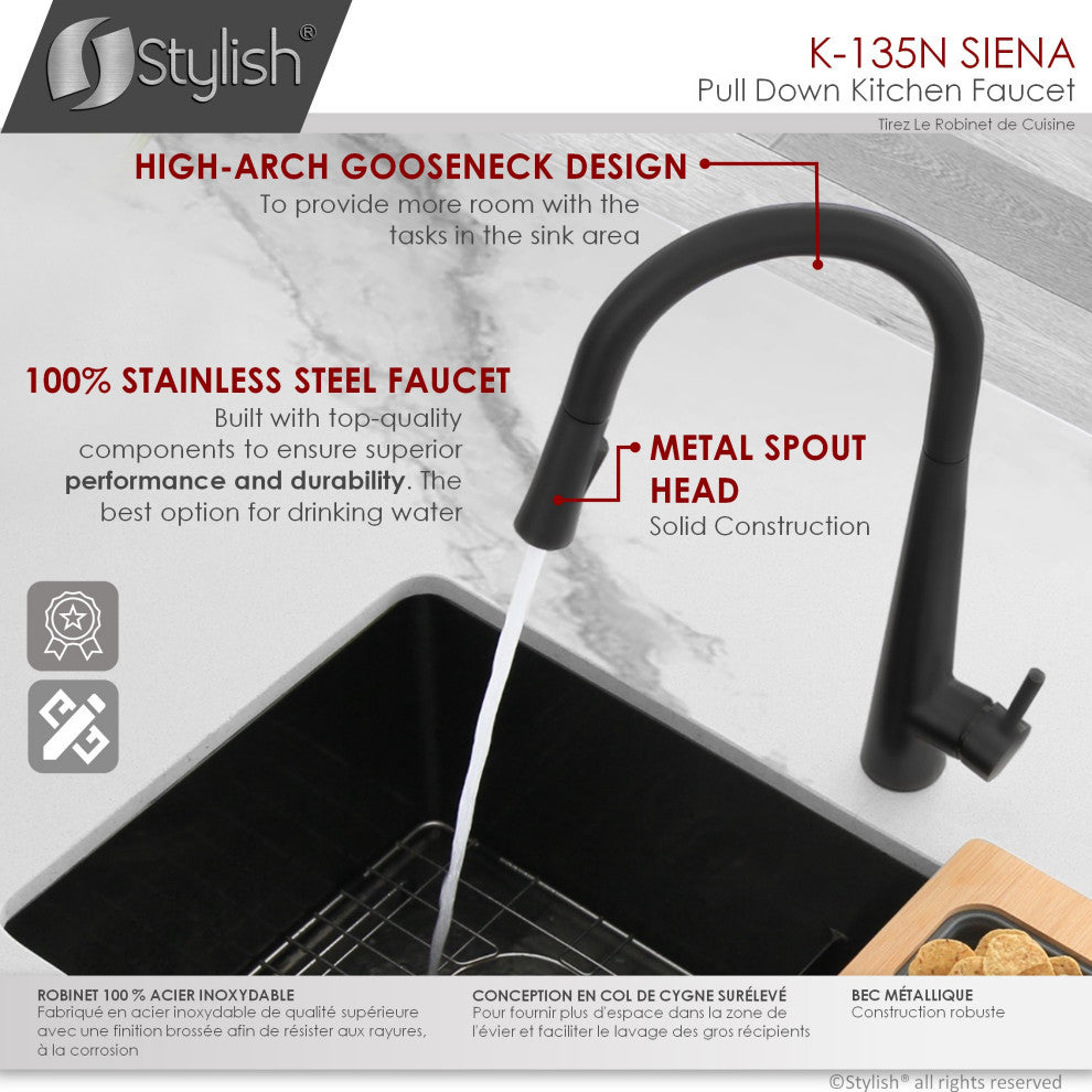 STYLISH Kitchen Sink Faucet Single Handle Pull Down Dual Mode Stainless Steel