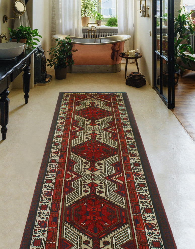 Fine Vintage Distressed Farzam Red/Ivory Runner, 3'3 x 11'3