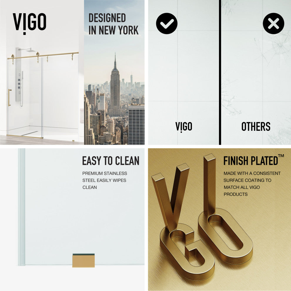VIGO Hamilton Frameless Sliding, Matte Brushed Gold, Shower Door, 56" to 60" W X 78" H, Clear Glass