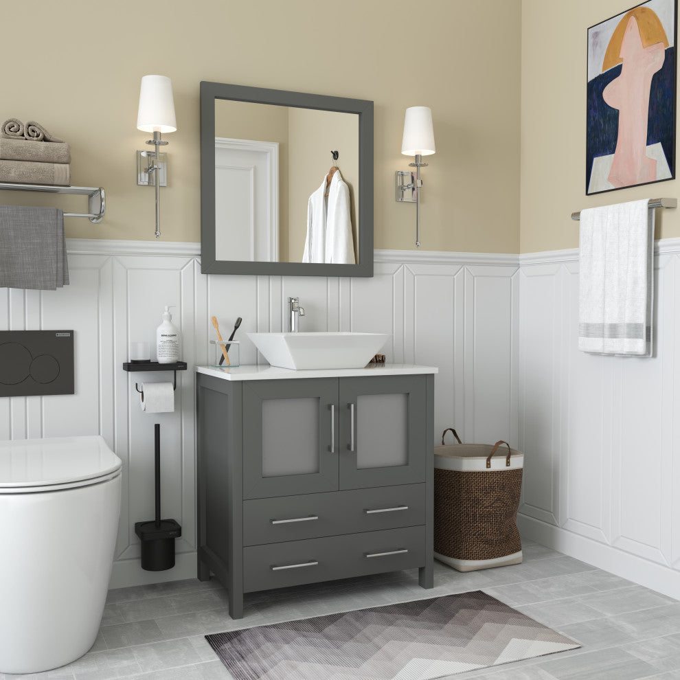 Vanity Art Vanity Set With Vessel Sink, Gray, 30", Led Sensor-Switch Mirror