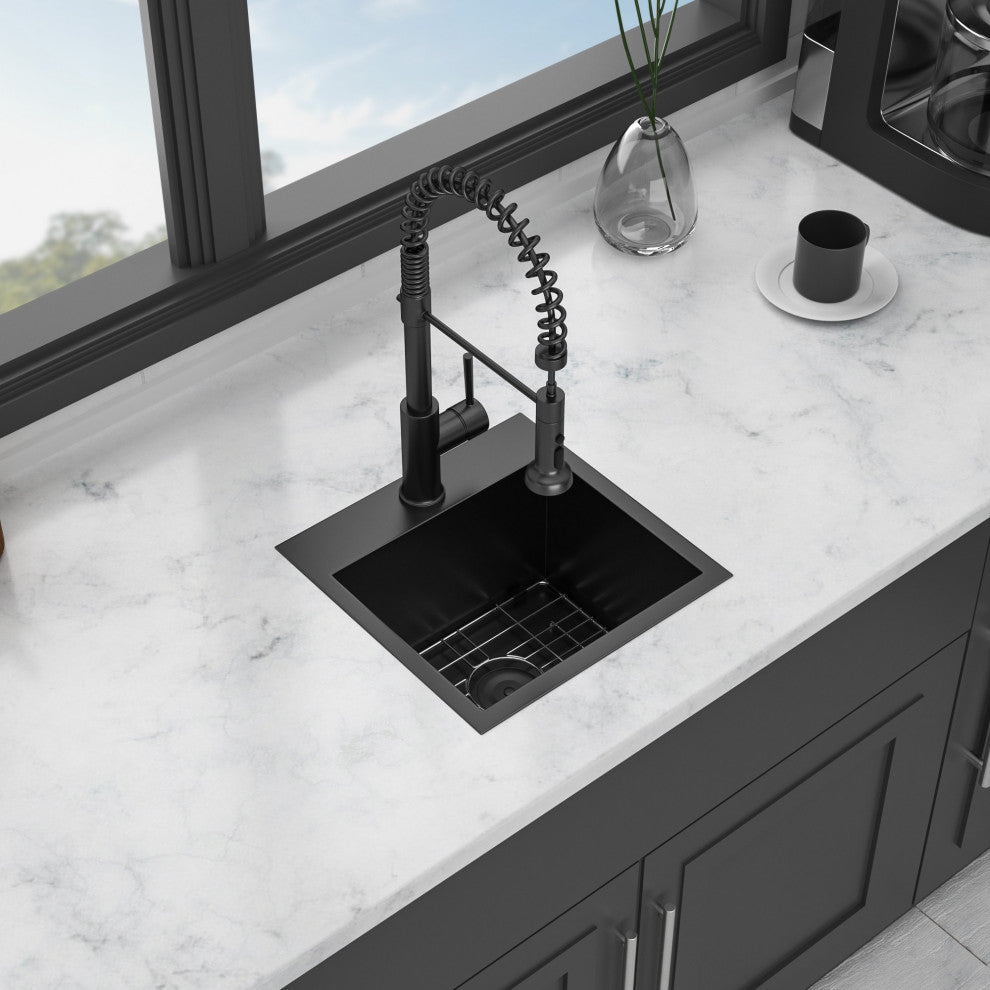 Black Stainless Steel Single Bowl Drop-In Kitchen Sink with Rinse Grid, Gunmetal Black, 15'' X 15''