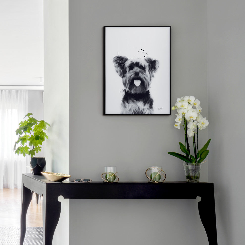 "Yorkshire Terrier" Black and White Pet Art on Printed Glass with Anodized Frame
