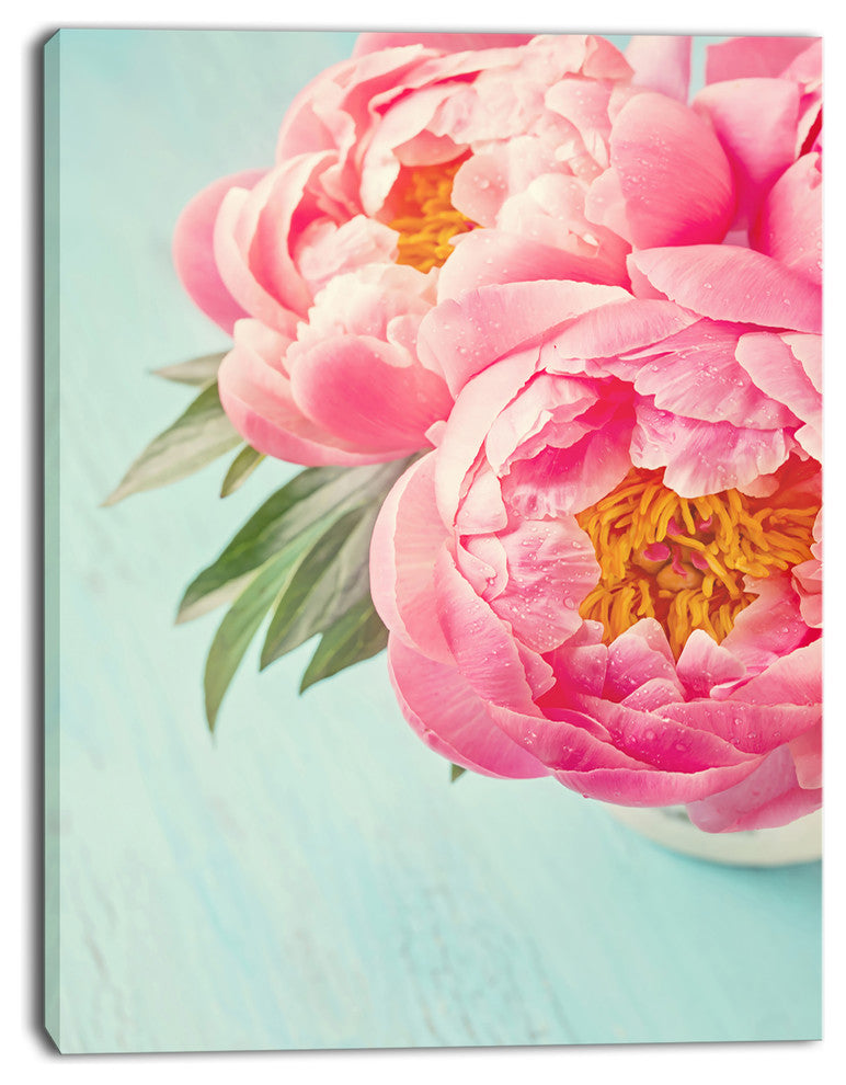 Peony Flowers on Blue Background, Floral Canvas Art Print, 28"x60"