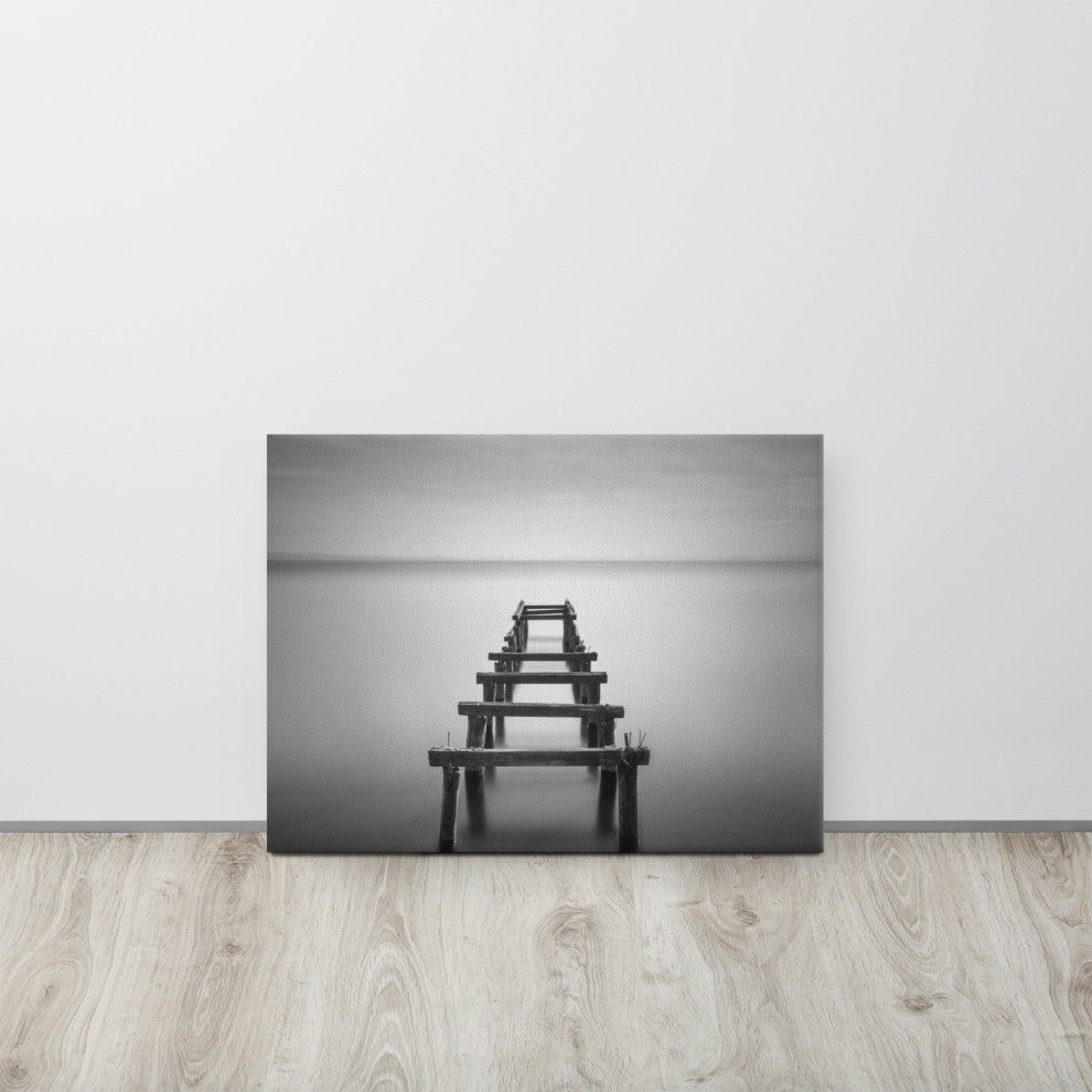 Soft Lake and Abandoned Pier Black and White Landscape Photo Canvas Art Print, 18" X 24"