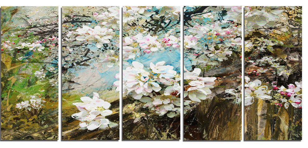 Apple Blossoms With White Flowers, Floral Art Canvas Print, 60"x28", 5 Panels