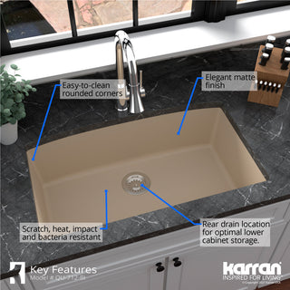 Karran Undermount Quartz Composite 32" Single Bowl Kitchen Sink, Bisque