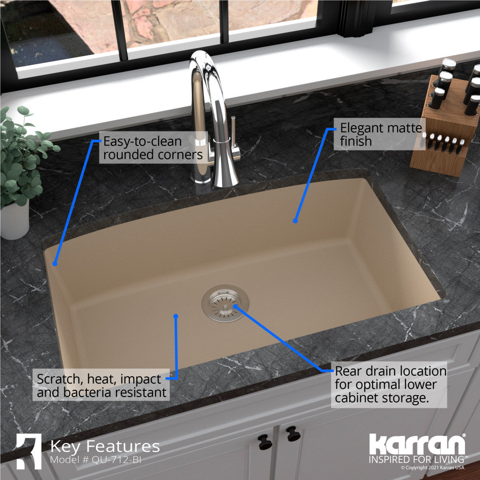 Karran Undermount Quartz Composite 32" Single Bowl Kitchen Sink, Bisque