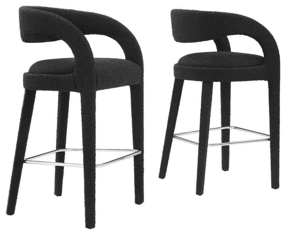 Pinnacle Boucle Upholstered Bar Stool Set of 2, Black Silver
