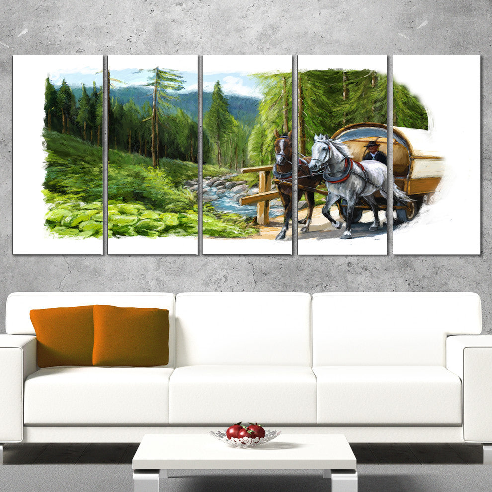 "Green Landscape With Horse" Digital Art Canvas Print, 5 Panels, 60"x28"