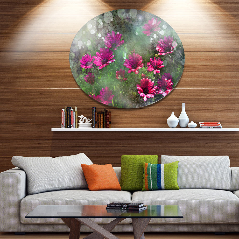 Red And Pink Flowers On Green, Floral Disc Metal Artwork, 11"