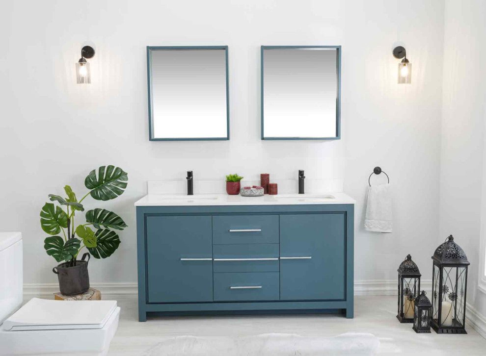 Mila Collection 60" Bathroom Vanity With Sink, Mirror, Countertop, Alasca Blue