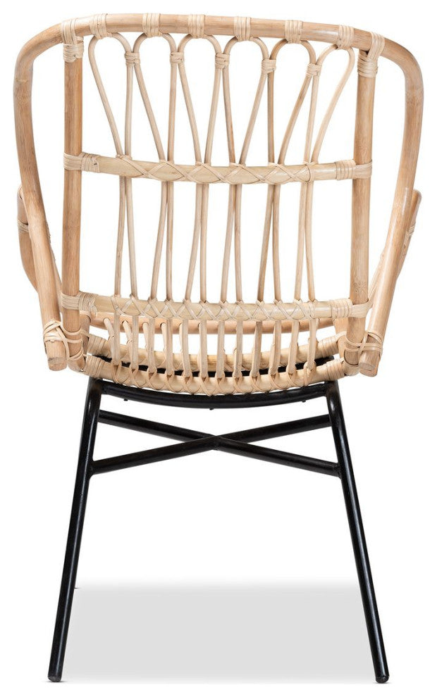 Caelia Modern Bohemian Natural Brown Rattan and Black Metal Chair