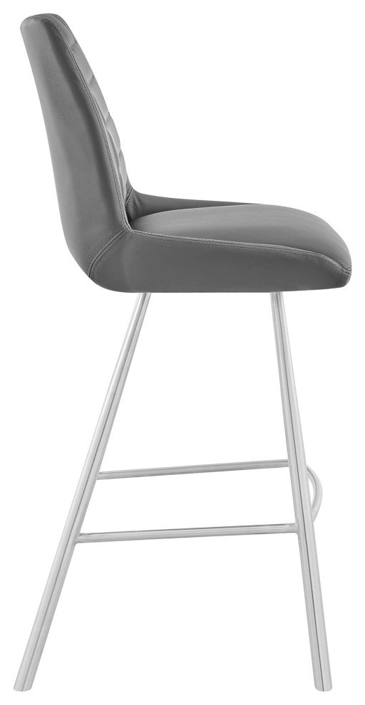 26" Gray Faux Leather and Brushed Stainless Steel Counter Stool
