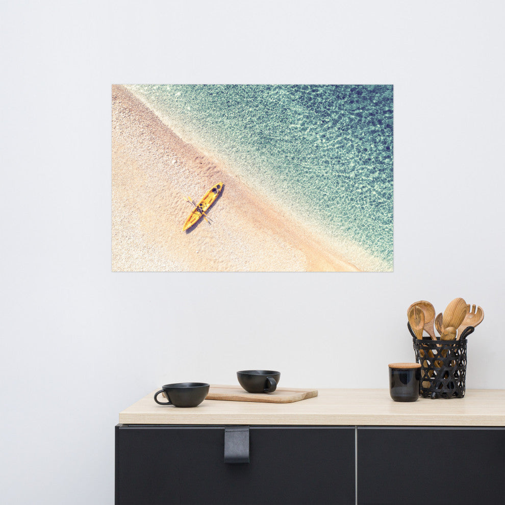 Yellow Canoe & Blue Sea with Soft Violet Effect Landscape Photo Loose Art Print, 24" X 36"