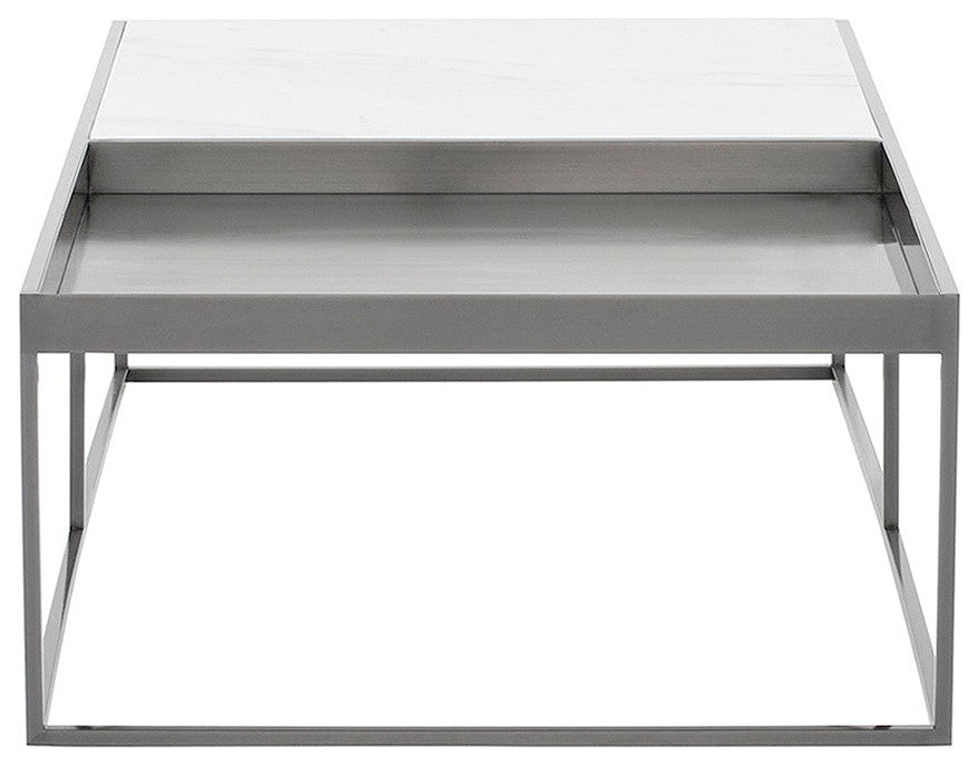 Corbett Rectangle Coffee Table, Brushed Steel Coffee Table, Modern White Marble