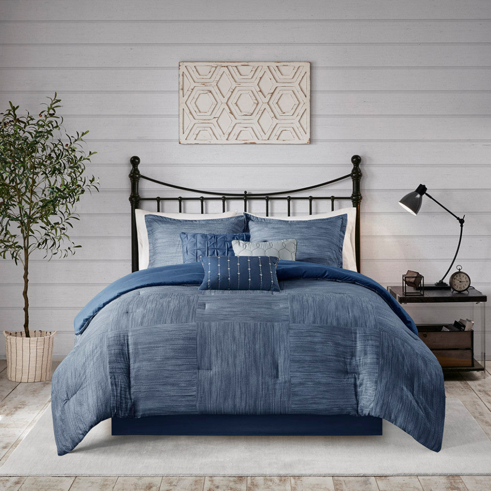 Madison Park Walter 7 Piece Printed Seersucker Comforter Set, Navy