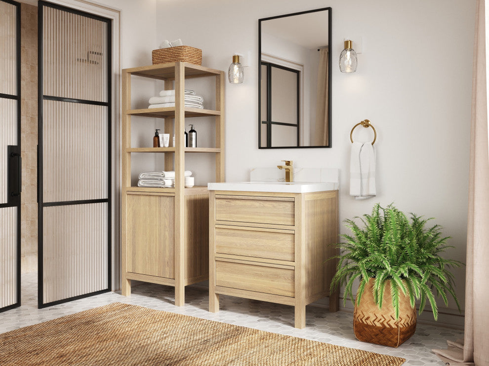 Elizabeth Oak 30" Single Sink Vanity, White 2" Calacatta Black