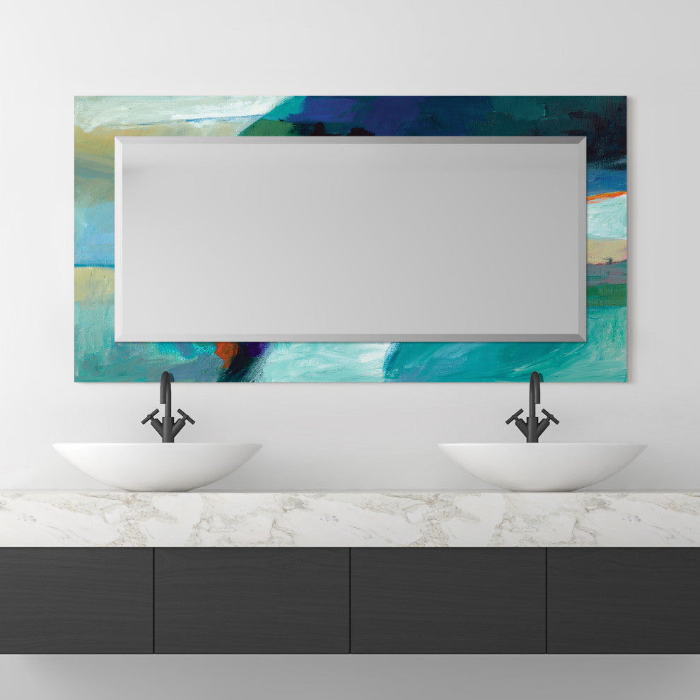 "Sky" Beveled Mirror on Printed Abstarct Tempered Art Glass, 54x28"