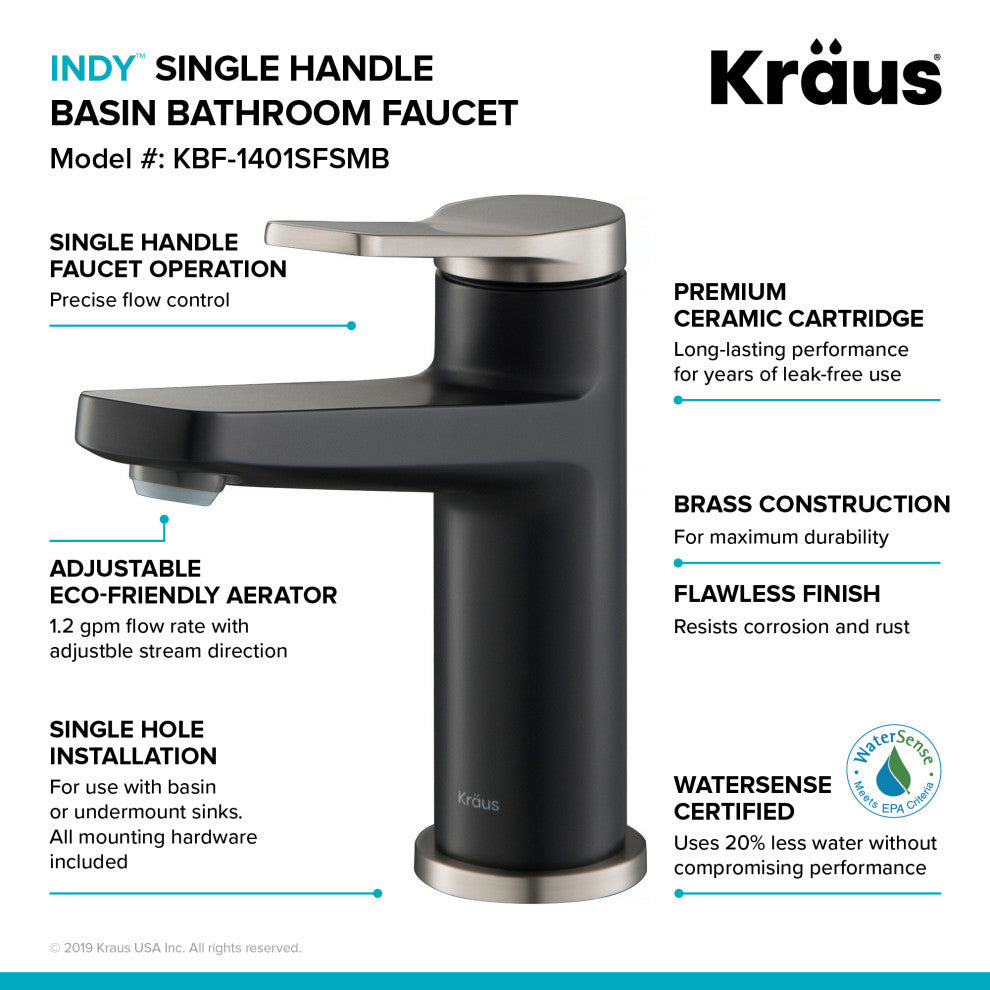Indy Single Handle 1-Hole Bathroom Basin Faucet SFSMB, Drain Overflow SN