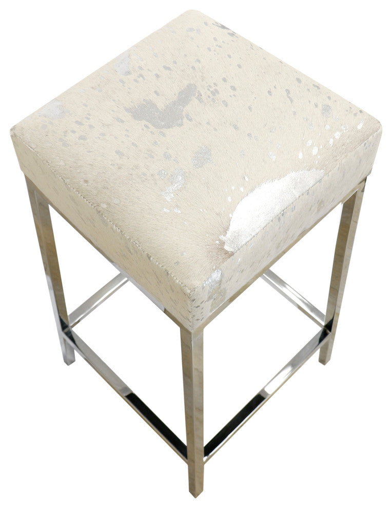 Pasargad Home Safari Cowhide Upholstered Bar Stool With Steel Legs, Silver
