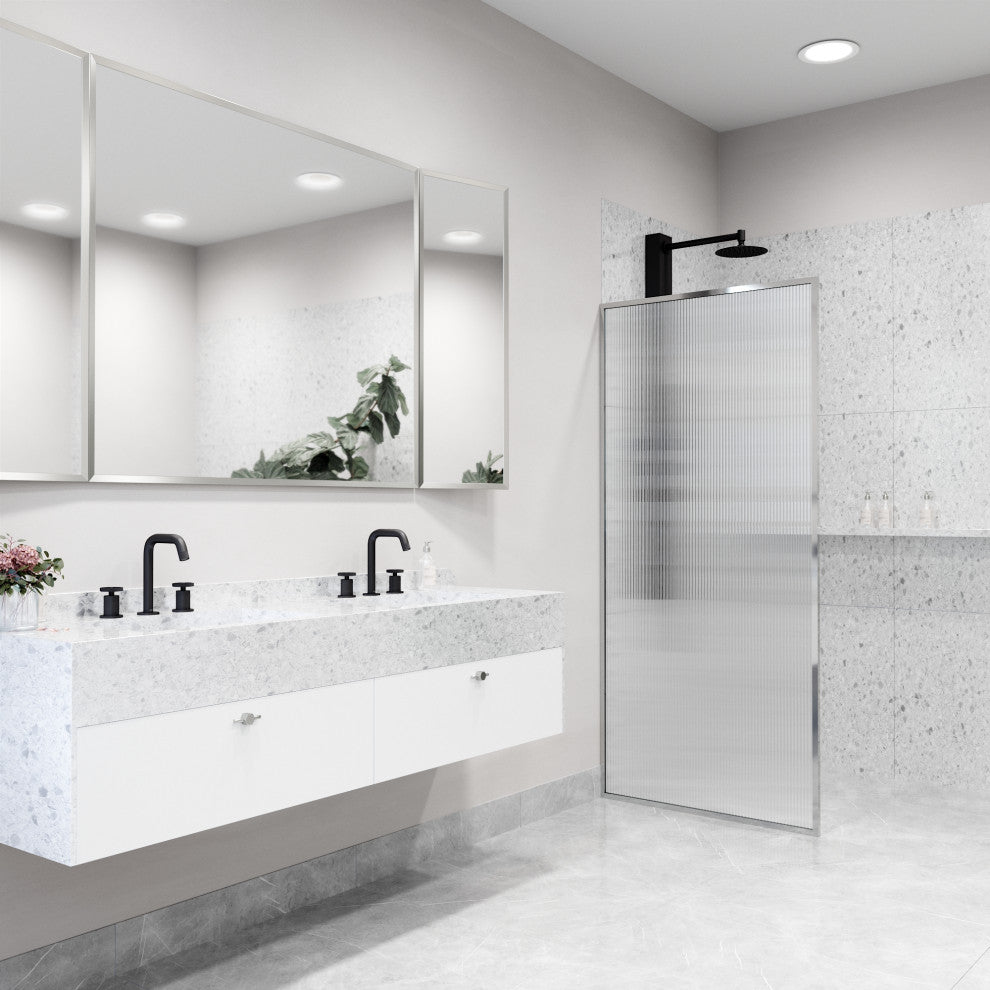 VIGO Meridian Framed Fixed, Chrome, Shower Screen, 34" W X 74" H, Fluted Glass