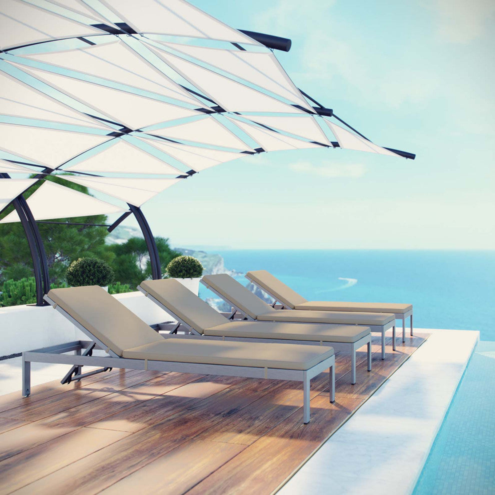 Silver Beige Shore Chaise with Cushions Outdoor Patio Aluminum Set of 4