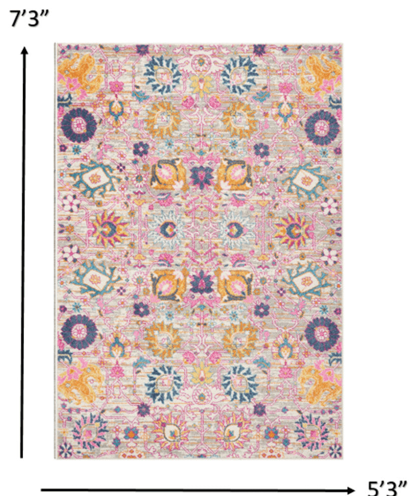 5' X 7' Gray and Pink Floral Power Loom Distressed Area Rug