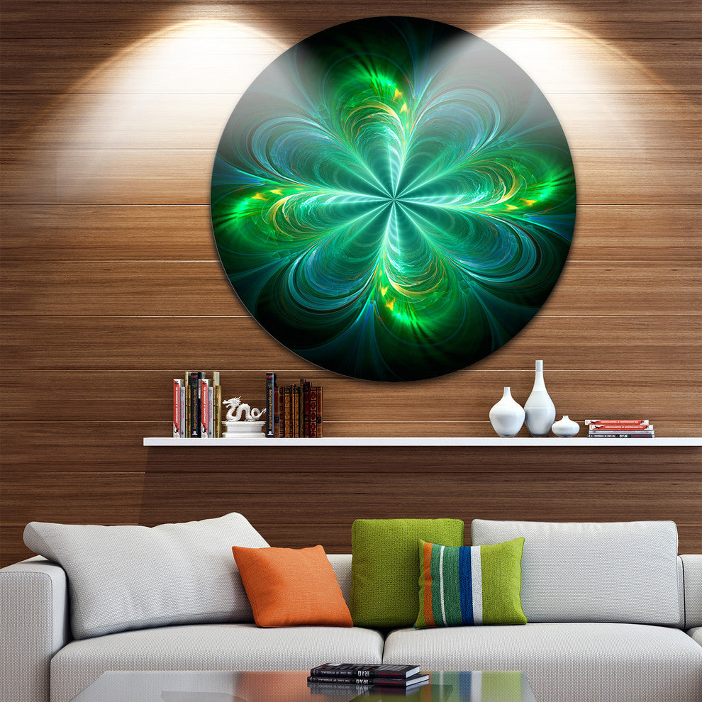 Green Fractal Flower Blooming, Abstract Art Disc Metal Artwork, 11"
