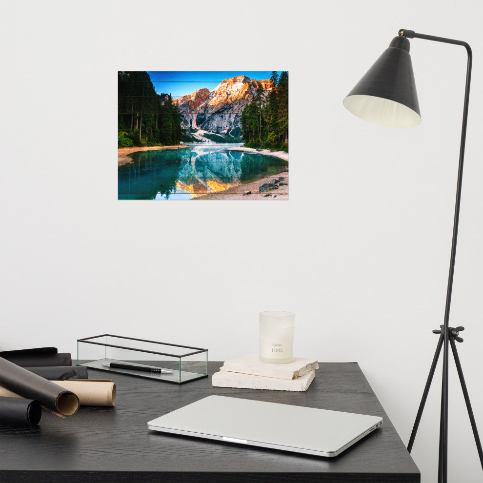 Faux Wood Misty Lake and Snow-cap Mountain Reflections Unframed Wall Art Prints, 12" X 16"